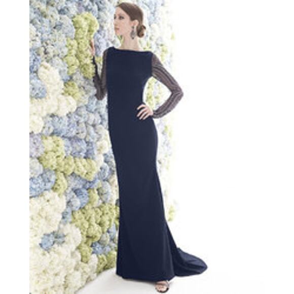 Badgley Mischka Navy Blue Beaded Long Sleeve Bateau Neck Train Gown Size 12 - Picture 3 of 16